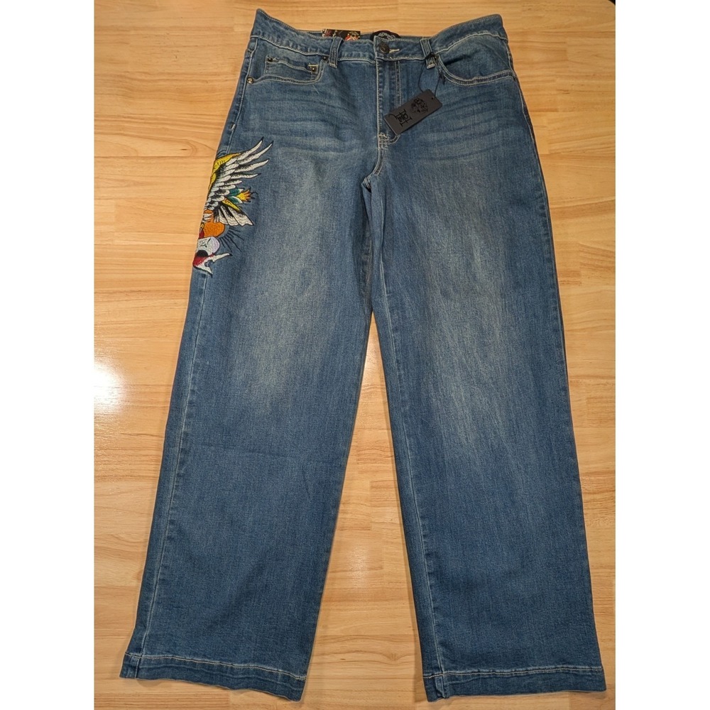 Ed‎ Hardy Mens Wide Leg Embroidered Tattoo Art Jeans Blue Med 32 WEHD8300-2 NWT